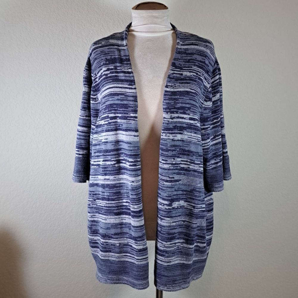 Liz & Me Sweater Cardigan Coatigan Denim Blue Stripe Cardigan 3/4 Sleeve Size 2X